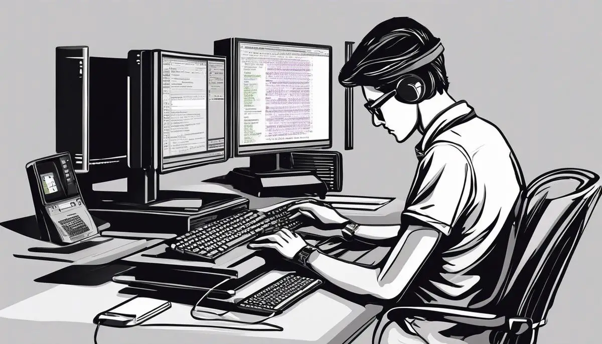 Illustration of a person using the Linux terminal, typing commands and working with the command-line interface.
