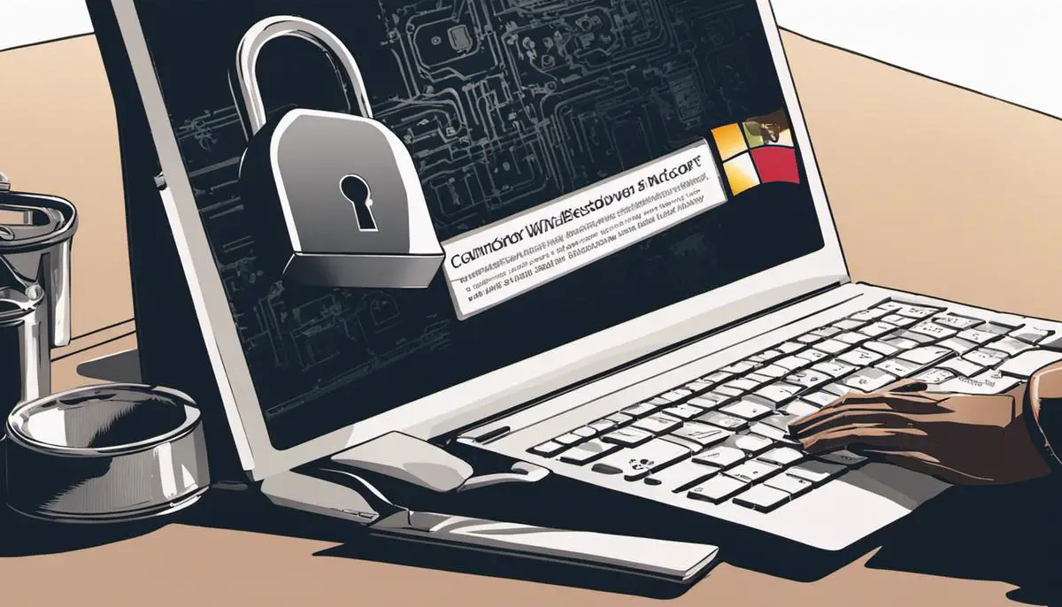 Illustration showing a person removing a lock symbol from a computer representing the removal of a Microsoft account from Windows 10.