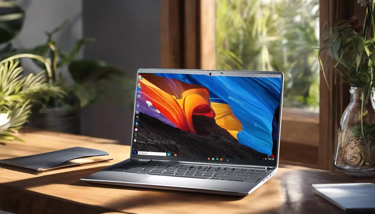 Illustration depicting a person using a Chromebook with the Windows logo displayed on the screen