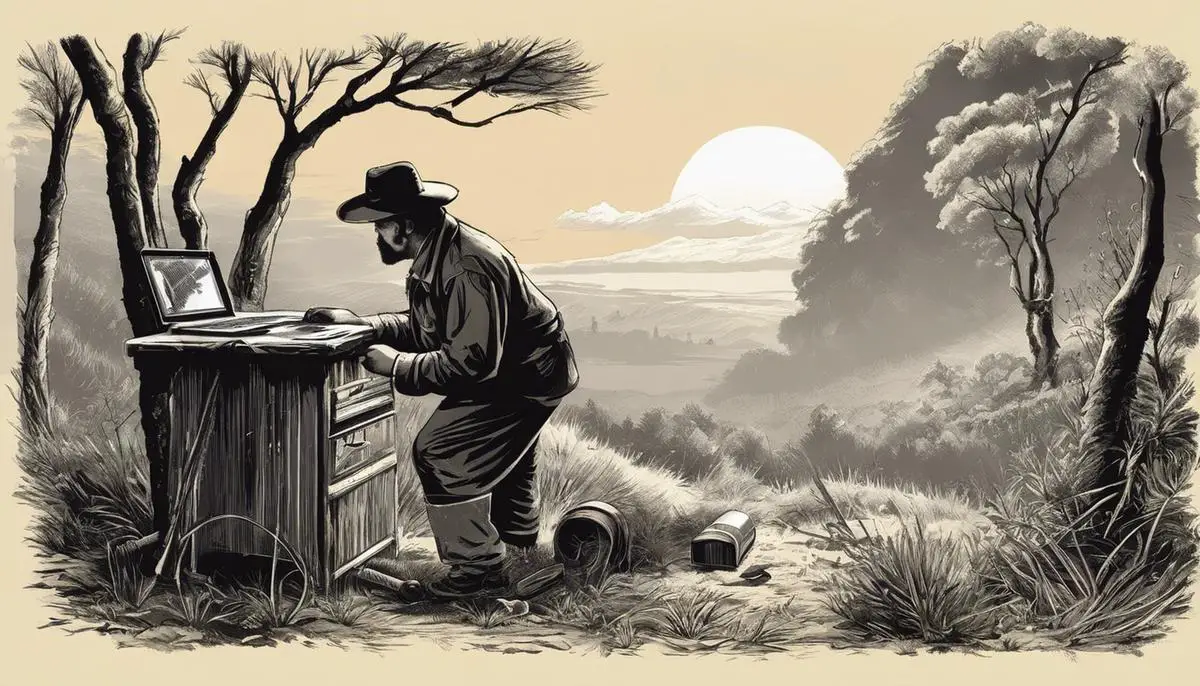 Illustration showing a person using a computer and a broom, symbolizing clearing the cache in Safari.