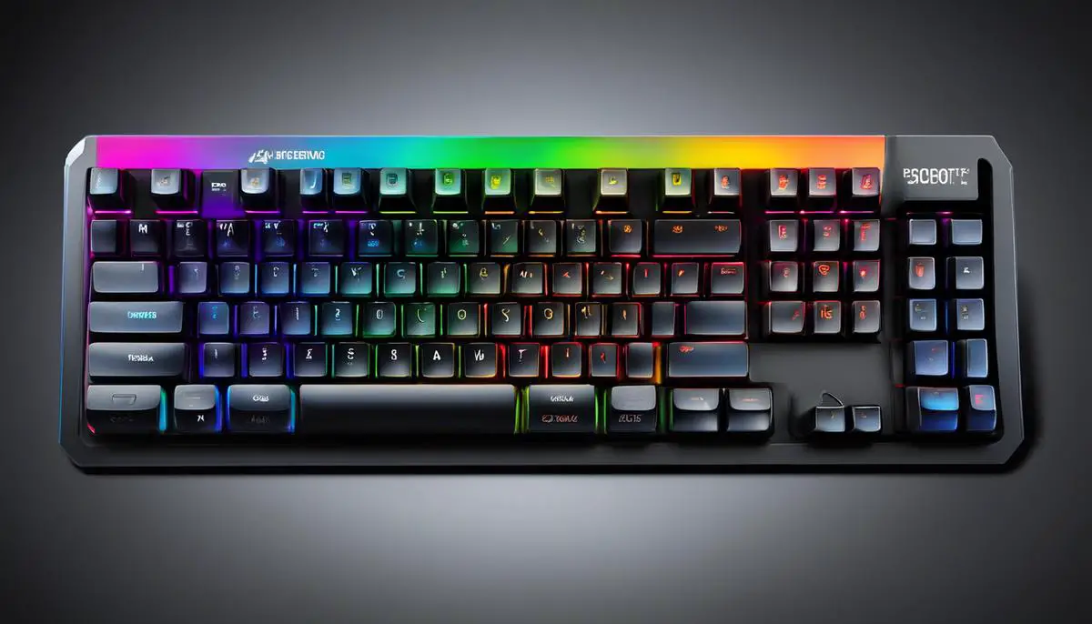 A keyboard with shortcut keys highlighted in different colors to represent different categories of shortcuts