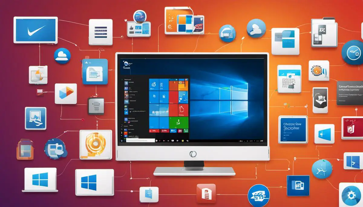Illustration depicting software compatibility with Windows 10, showing icons of various software applications surrounded by the Windows logo.