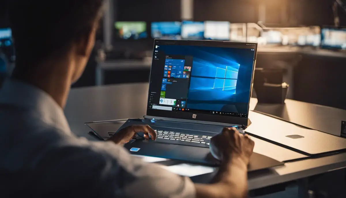 Image of a person operating a computer to represent the concept of 'System Restore' in Windows 10