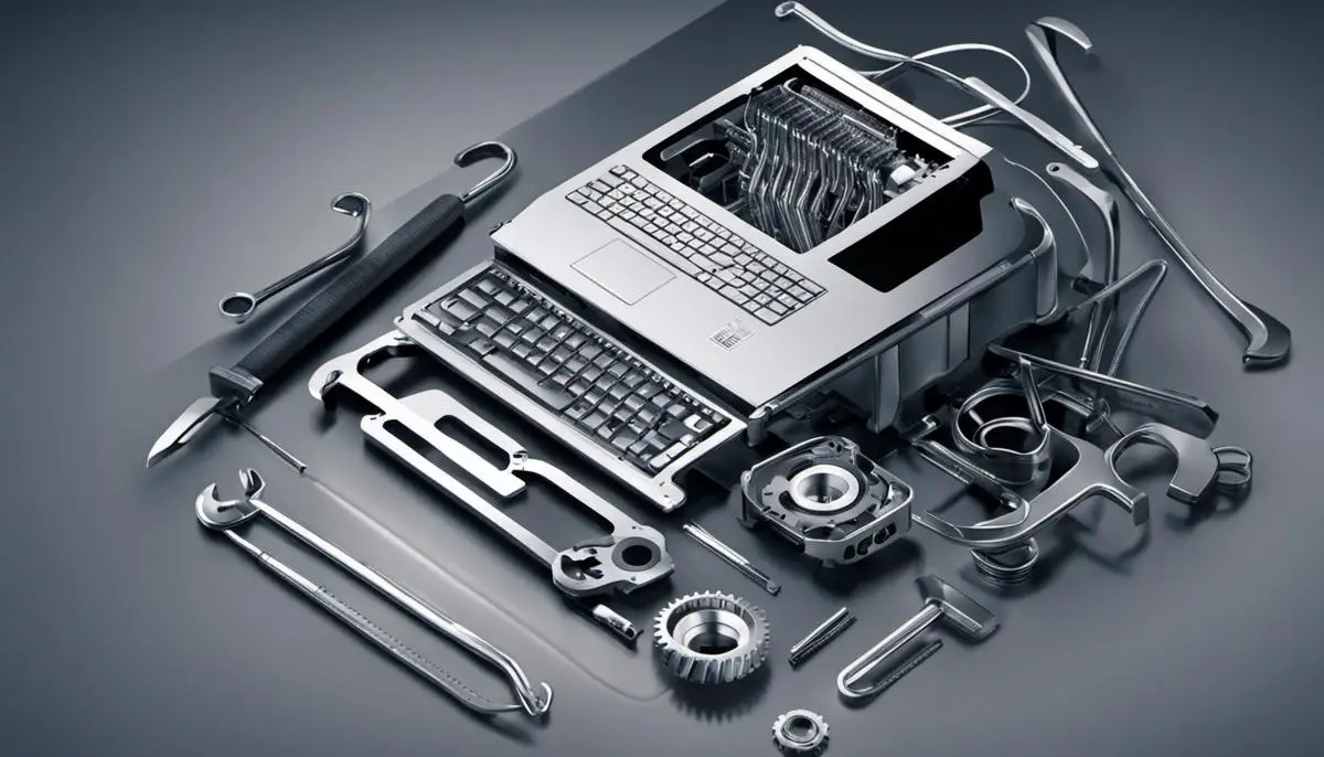 Illustration of a computer with a wrench, symbolizing system restore and customization tools