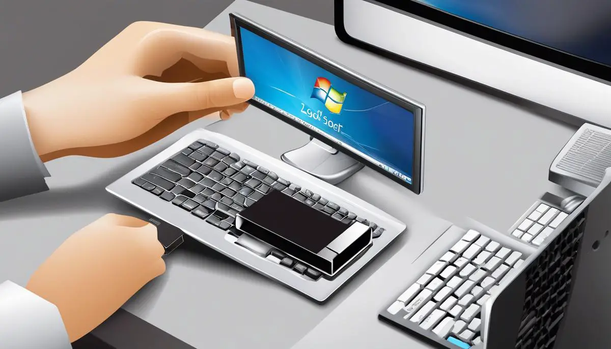 Illustration of a USB flash drive being inserted into a computer, representing the process of creating Windows 7 installation media.