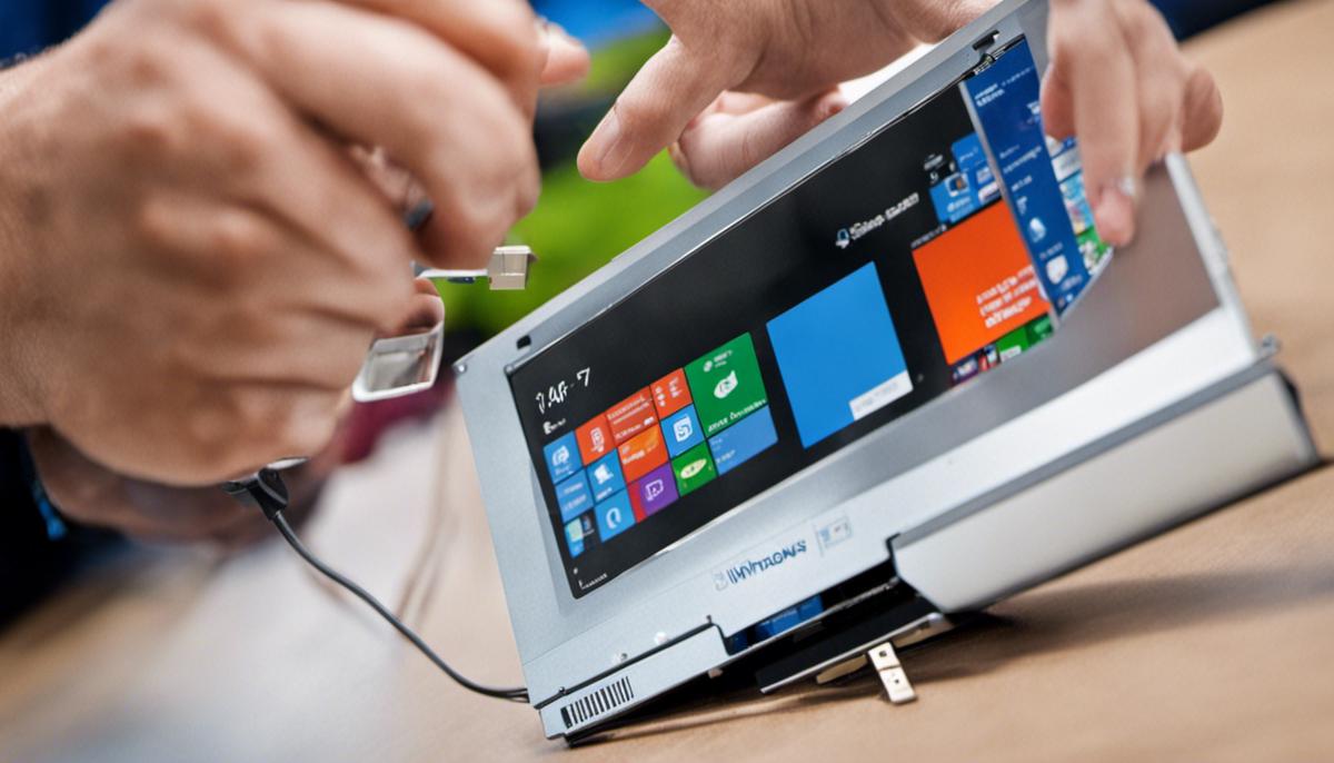 A step-by-step guide on how to install Windows 7, with a highlighted USB being inserted into a computer.