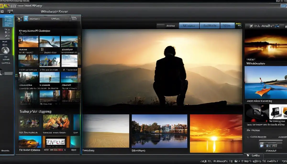 Windows Media Player interface screenshot with a user streaming music, watching a video clip, and viewing images, demonstrating its versatility.